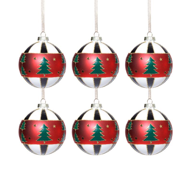 Tree Motif Glass Ball Christmas Ornaments, Set of 6, 3.25"