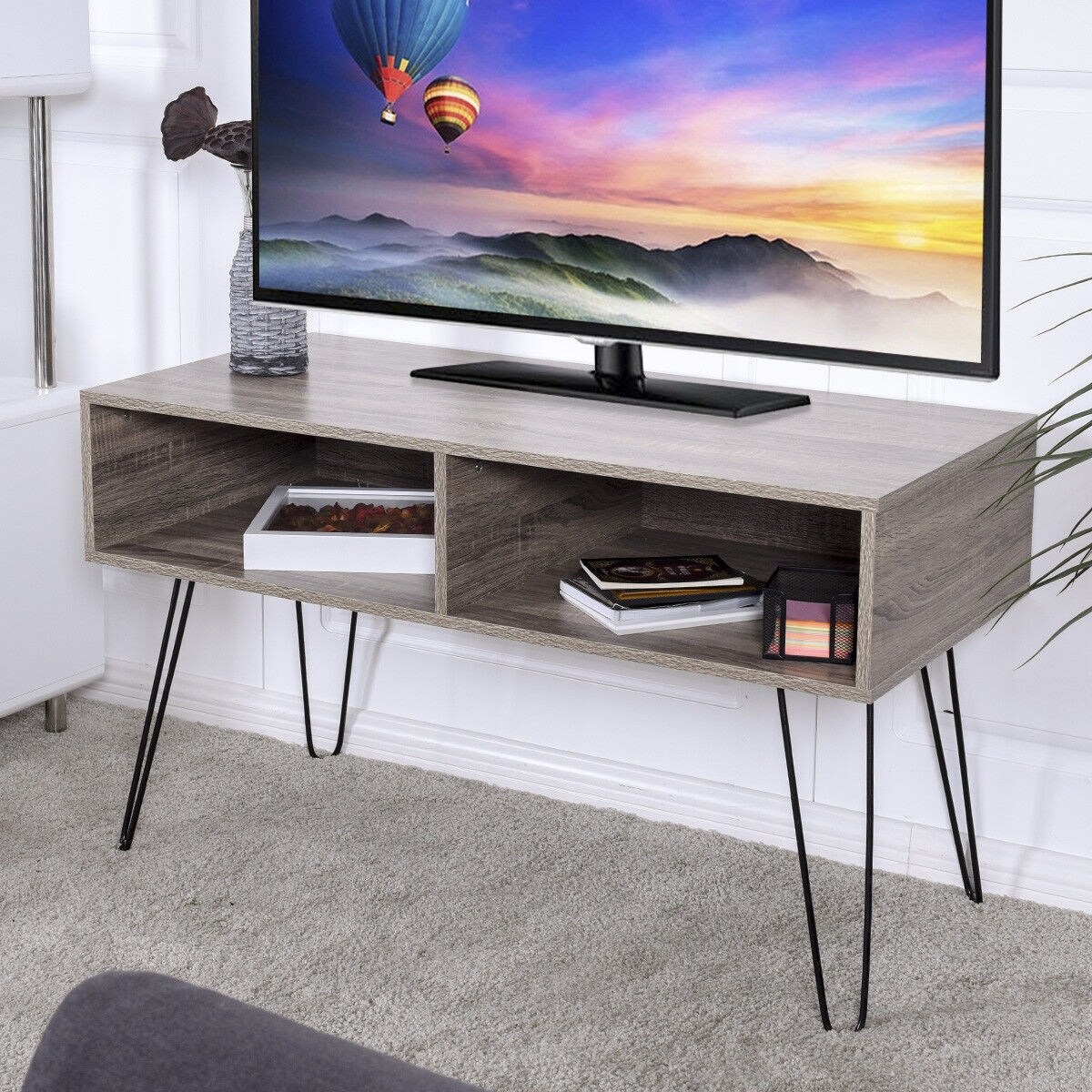 Costway Tv Stand Wood Media Console Entertainment With Metal Hairpin Legs Tvs Up To 42 Oak Overstock 20516968 The cost of each varies as well, depending on what type of wood, hardware, and finishes homedit has an even simpler plan for a tv stand that's built with large boards and galvanized pipes for the legs. costway tv stand wood media console entertainment with metal hairpin legs tvs up to 42 oak