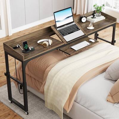 35.4" to 43.3" Height Adjustable Overbed Table with Wheels, 70.8" Queen Size Mobile Laptop Desk, Built-in Outlets & USB Ports