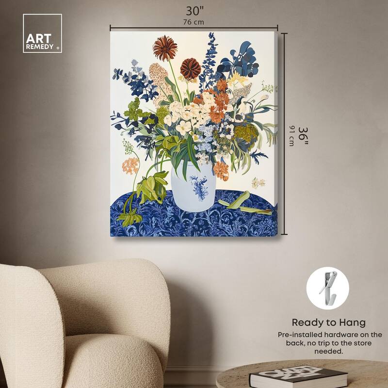 Dahlia Dream in Delft Blue Canvas by Art Remedy, Gallery Wrapped