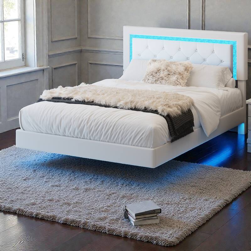 Floating Upholstered Bed Frame with LED Lights, Diamond Tufted Headboard, PU Leather Platform Bed, No Box Spring Needed