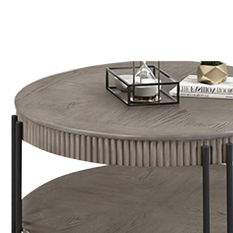Pery Coffee Table, 38 Inch, Light Gray Round Top, Sleek Iron Legs