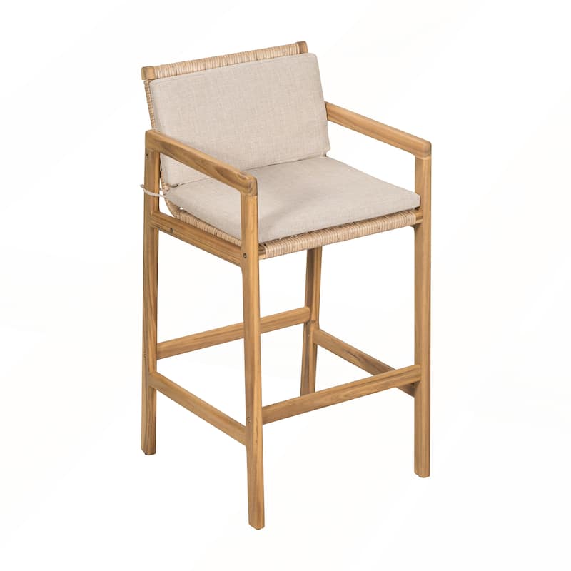 Wood Outdoor Barstool with Beige Cushion Set of 2