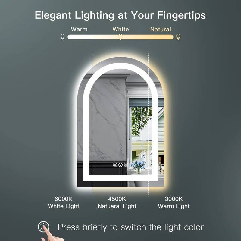 Full Size Arch Front & Back LED Lighted Anti-fog Tempered Glass Wall Bathroom Vanity Mirror, ETL Certified, 3-Year Warranty