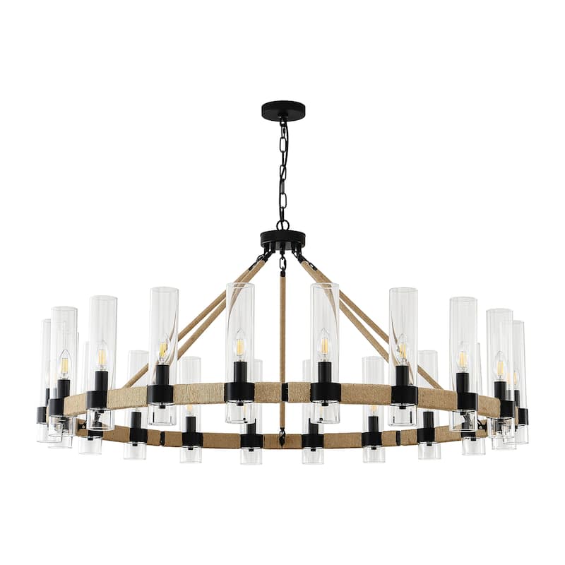 Modern Rustic Wagon Wheel Chandelier with Clear Glass Shades & Hemp Rope Accents