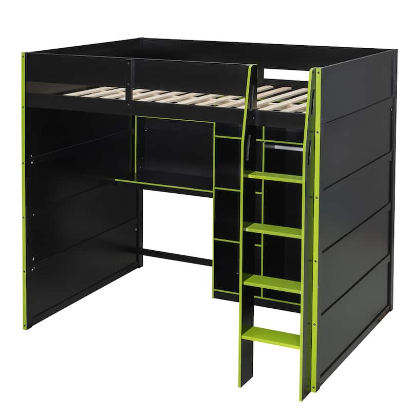 Full Size Wood Loft Bed with Desk,Open Wardrobe,Storage Compartments and RGB Lights