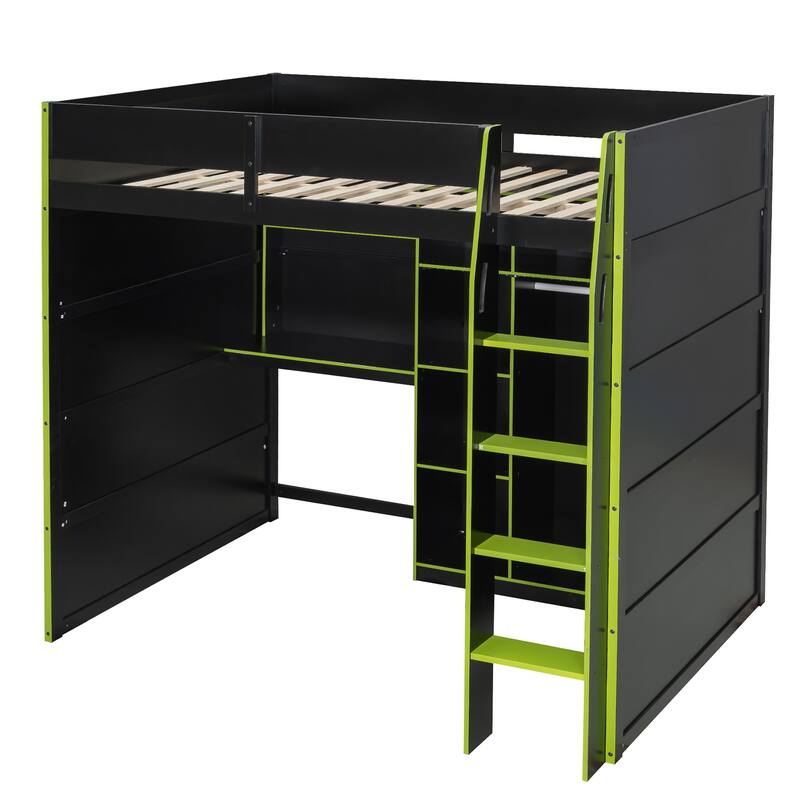 Roomfitters Full Size Loft Bed with Desk, Open Wardrobe Storage, and RGB Lighting