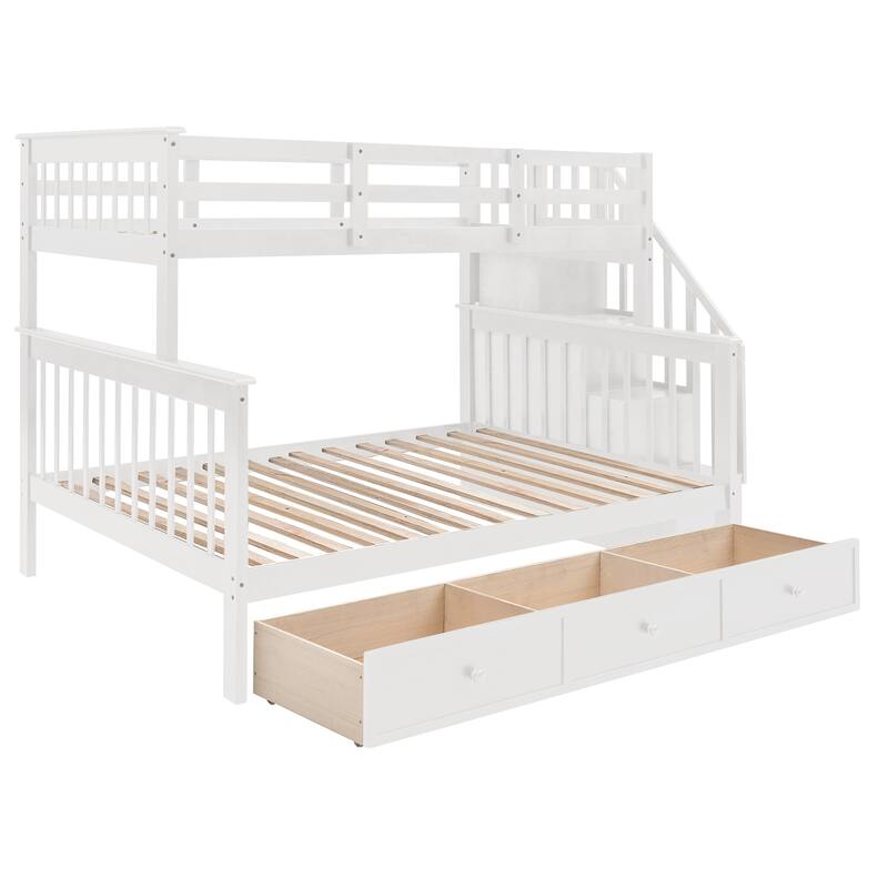White Twin Over Full Solid Pine Bunk Bed with Storage Staircase, Drawer, Guardrail, Convertible