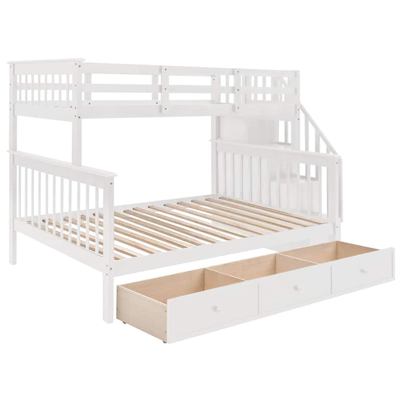 White Twin-Over-Full Solid Pine Bunk Bed with Storage Staircase, Drawer, and Guard Rail, Converts to Separate Beds