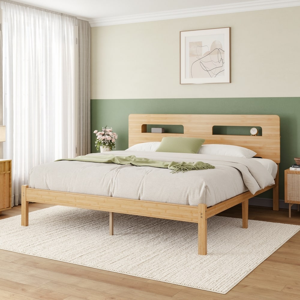 14" Heavy Duty Bamboo & Metal Platform Bed Frame with Headboard