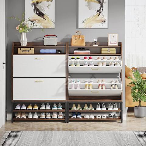 Shoe Cabinet with 2 Flip Drawers and Open Storage Shelves for Entryway
