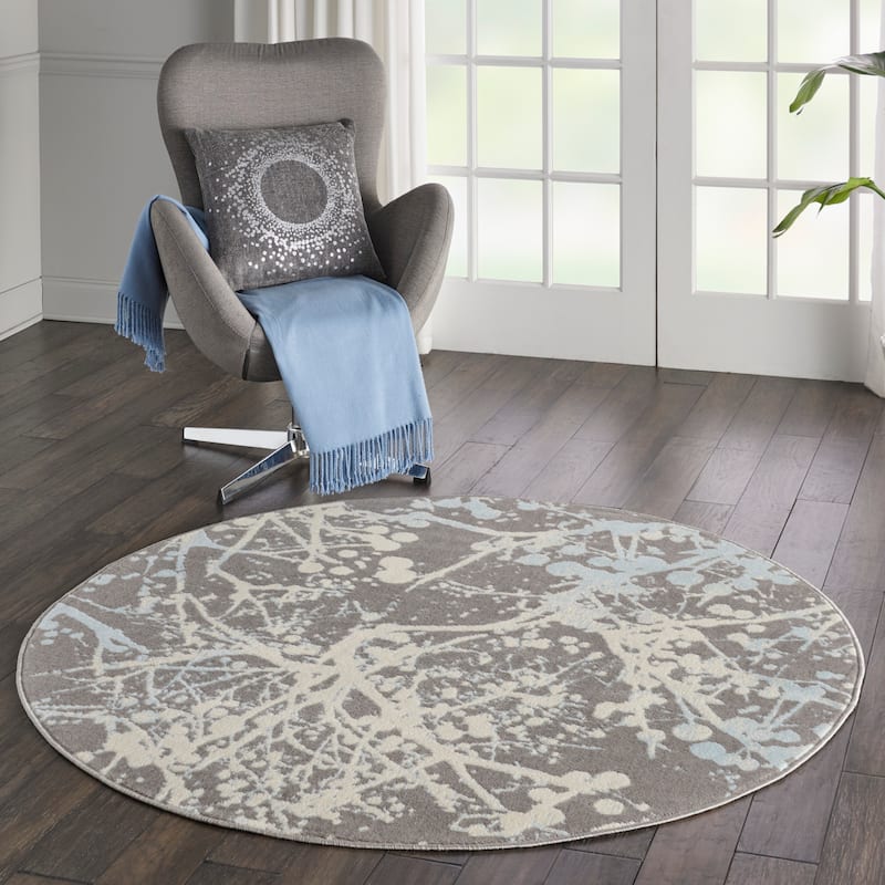 Nourison Jubilant Modern Botanical Abstract Grey Area Rug - 5'3" Round - Grey/Multi - Rectangle