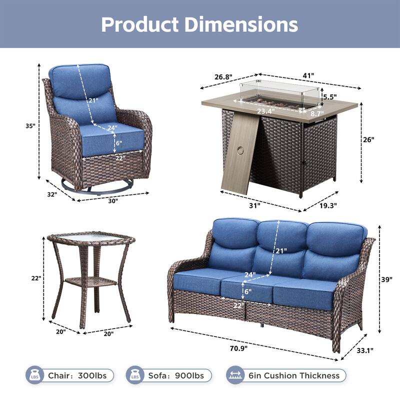 Meyreso 7-Piece Wicker Outdoor Patio Fire Pit Conversation Set with 6-Inch Thick Cushions