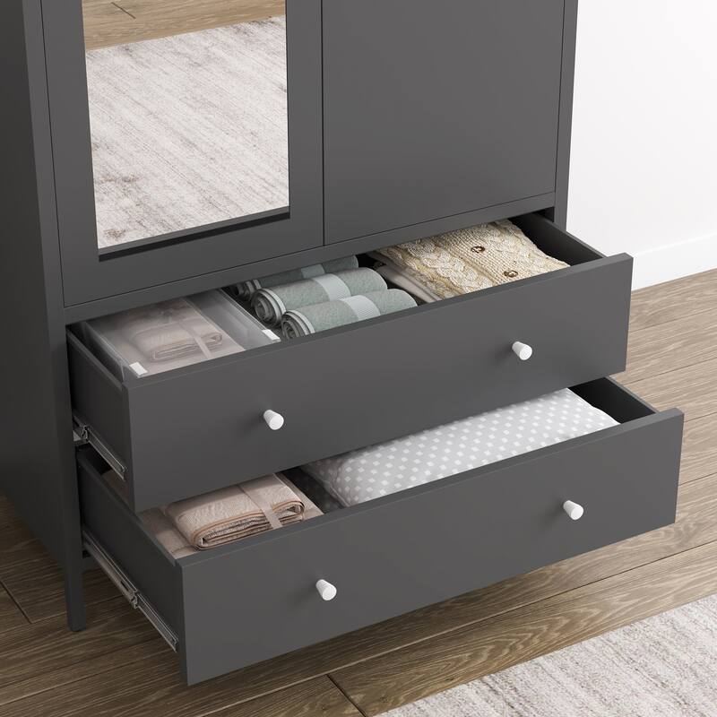 Metal Armoire Wardrobe Closet with 2 Drawers,Mirror Door and Hanging Rod