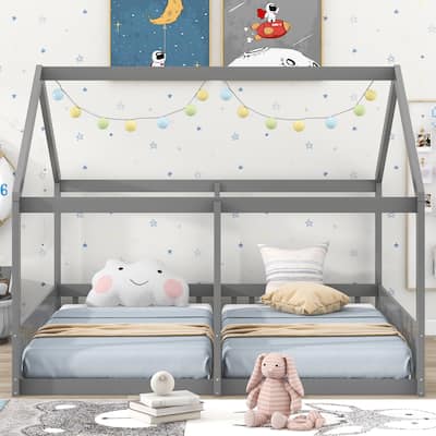 Twin Size House Platform Bed Frame with Fence,Two Shared Beds