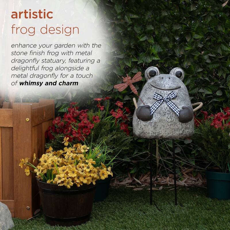 Stone Finish Frog with Metal Dragonfly Statuary
