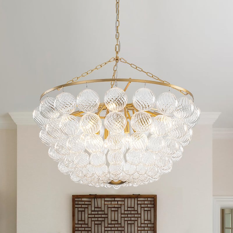 Glam Brass Tiered Swirled Glass Bubble Bead Cage Round Chandelier - 31.5 Inches