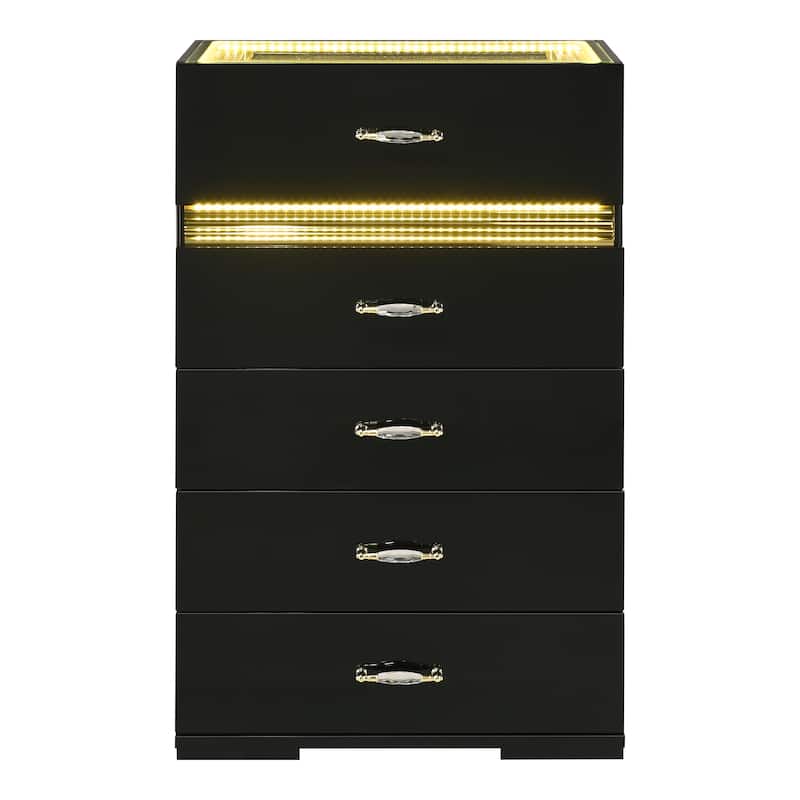 Furniture of America Saven Modern Black Solid Wood 5-Drawer Chest with LED Light