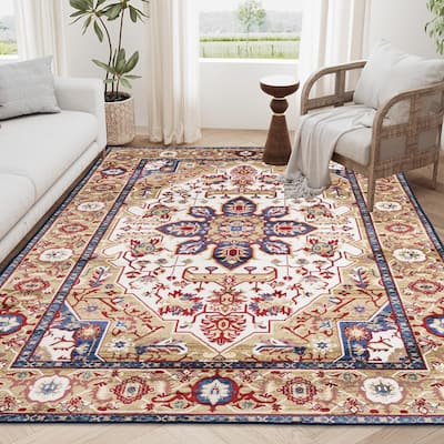 Area Rug 8x10 Vintage Bohemia Large Persian Non-slip Washable Rug For Living Room Kitchen Bedroom Flower Design Blue/Gold