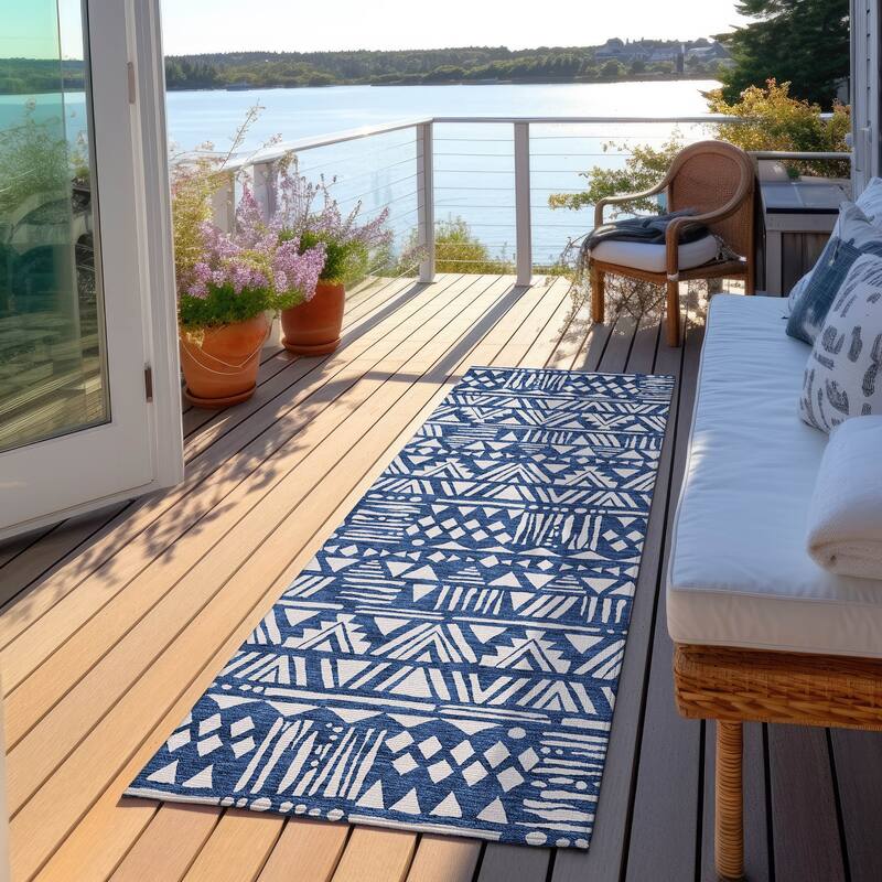 Machine Washable Indoor/ Outdoor Chantille Boho Tribal Rug - Navy - 2'3" x 7'6"