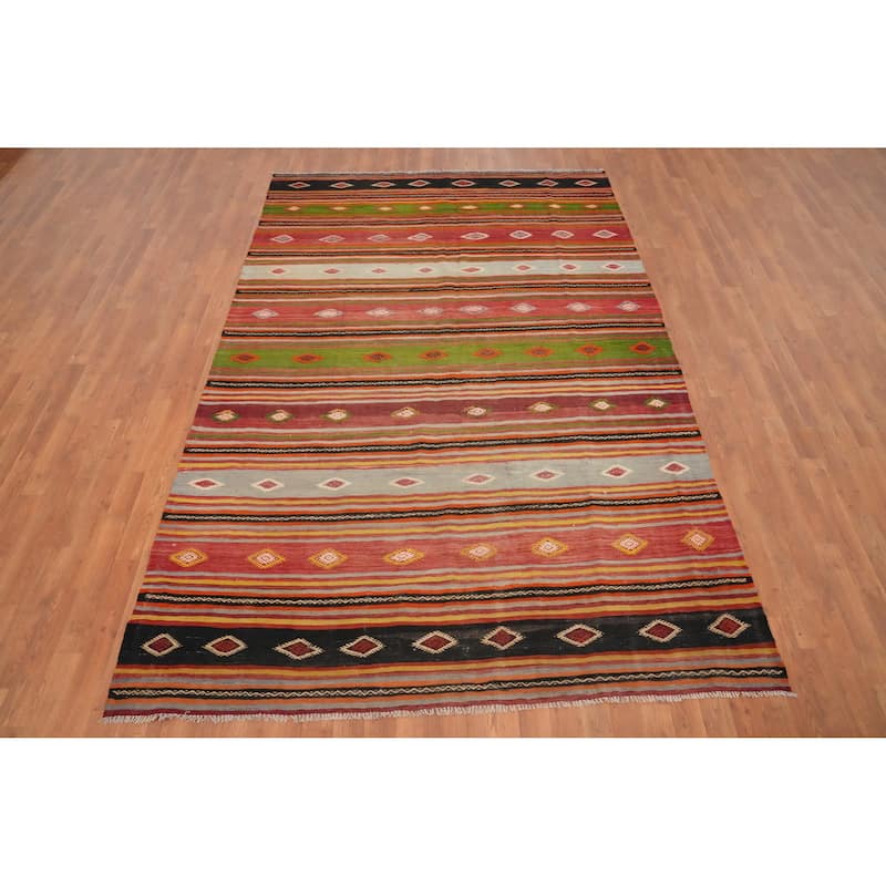 Hand Woven Oriental 100% Wool Carpet Southwestern Tribal Oranges & Rust Kilim Area Rug - 9' 2'' X 6' 1''
