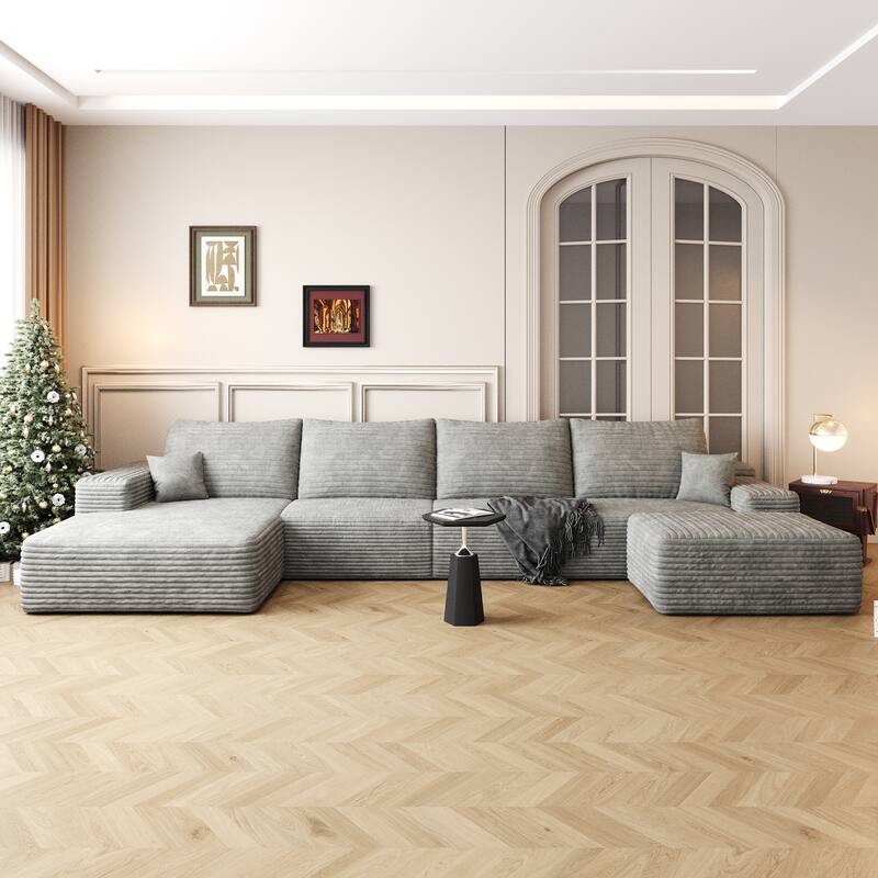 Corduroy Upholstered U-shaped Sectional Sofa with Chaise and Ottoman - Grey