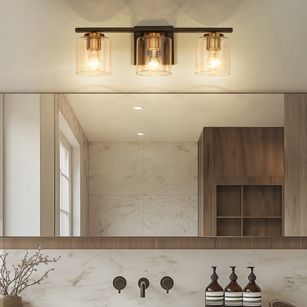 JAZAVA 3 Light Bathroom Vanity Light Fixtures Farmhouse Vanity Light with Clear Glass Shade Oil Rubbed Bronze and Gold Finish Size Oil Rubbed