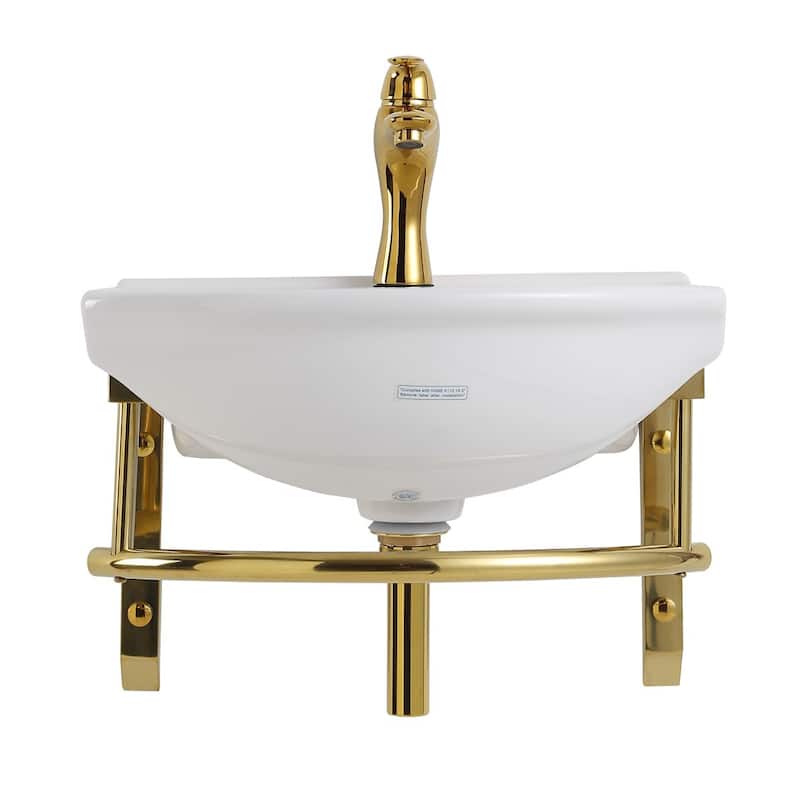 White Ceramic Wall Mount Bathroom Sink with Brass Faucet and Sink Drain