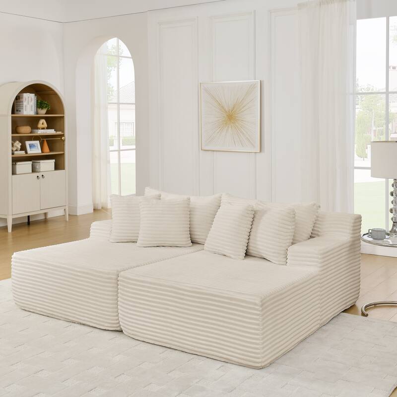 Two-seater lazy sofa lounge chair,Compressed sofa no assembly required, made of velvet fabric, fluffy modern lounge chair - Beige