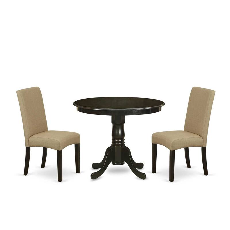 Round Dining Set - 36" Table with 2 Parsons Chairs - Linen Fabric & Cappuccino Finish