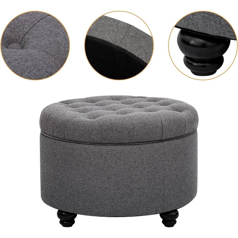 Large Button Tufted Fabric Round Storage Ottoman with Storage for Living Room & Bedroom,Dark Grey