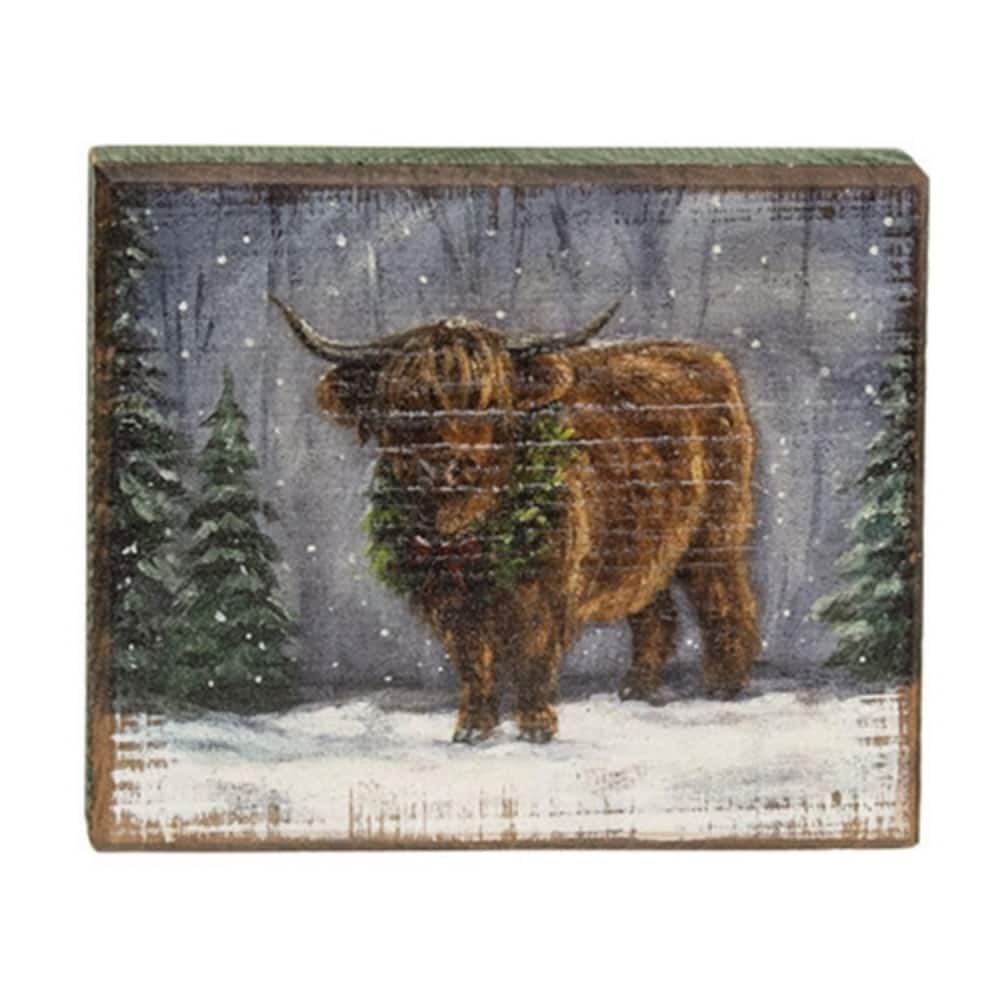 Rustic Distressed Wooden Highland Cow Block Sign Winter Shelf Decor with Keyhole Hanger - 5.5"H x 6.5"W x 1"D