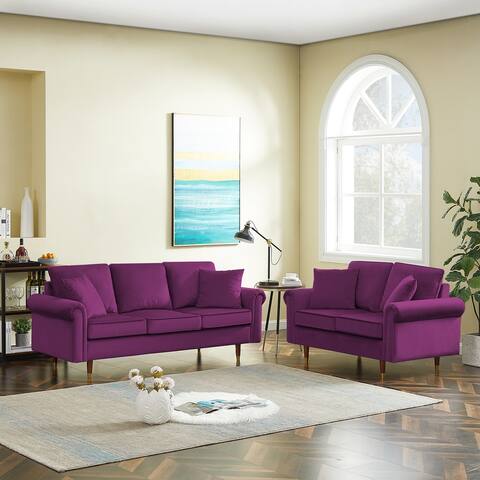 Modern Velvet 2 and 3 Seater Sofa Set , With Thickened Padding Cushions and Rolled Arms Rubber Wood Legs for Living Room