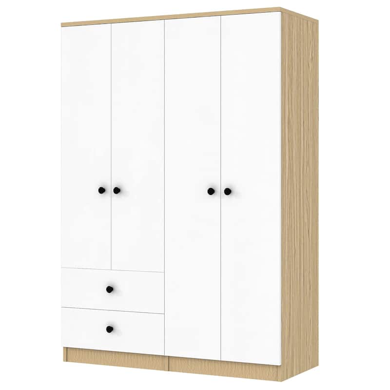 Wooden Bedroom Wardrobe with Hanging Rods & Drawers, 4-Door Armoire Closet Storage Cabinet for Home Organization, White+Natural