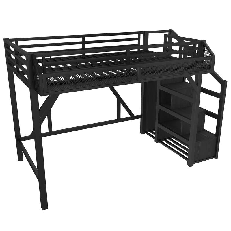 Twin XL/Twin Metal Loft Bed with Storage Stairs, Wardrobe, USB Ports & LED Lights