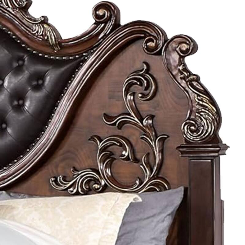 Prio King Bed w Carved Details, Brown Button Tufted Faux Leather, Brown