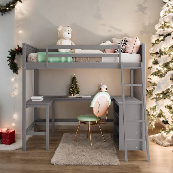slide 2 of 20, Modern Full Size Loft Bed With Shelves and Desk,No Box Spring Required for Bedroom Grey