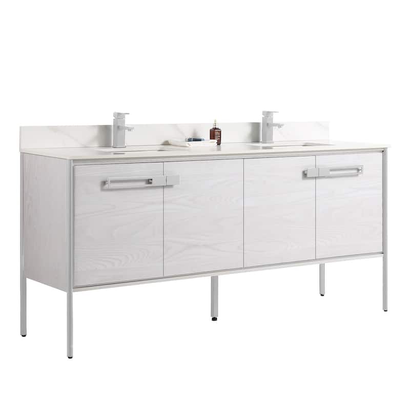 Fine Fixtures Oakville Bathroom Vanity with White Ceramic Sink - 72 Inch - Mild Grey Oak - Chrome Hardware