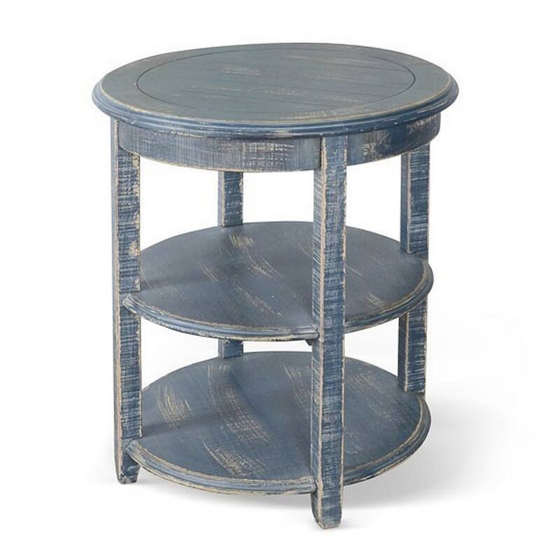 24 in. Ocean Blue Round Wood End Table, Sturdy Build End Side Table for Living Rooms