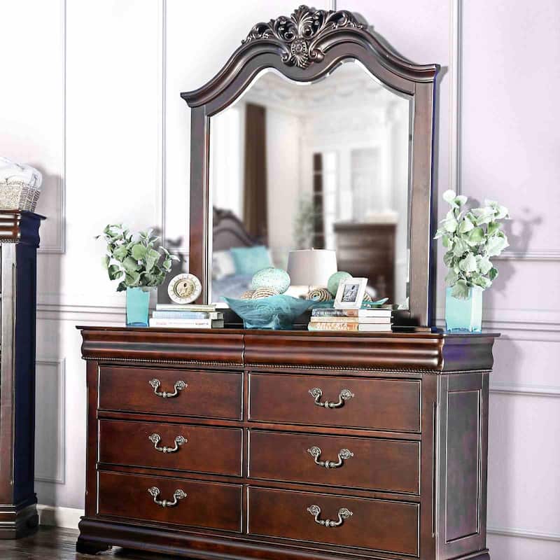 Traditional Cherry Finish 4pc Bedroom Furniture Set Bed Dresser Mirror Nightstand