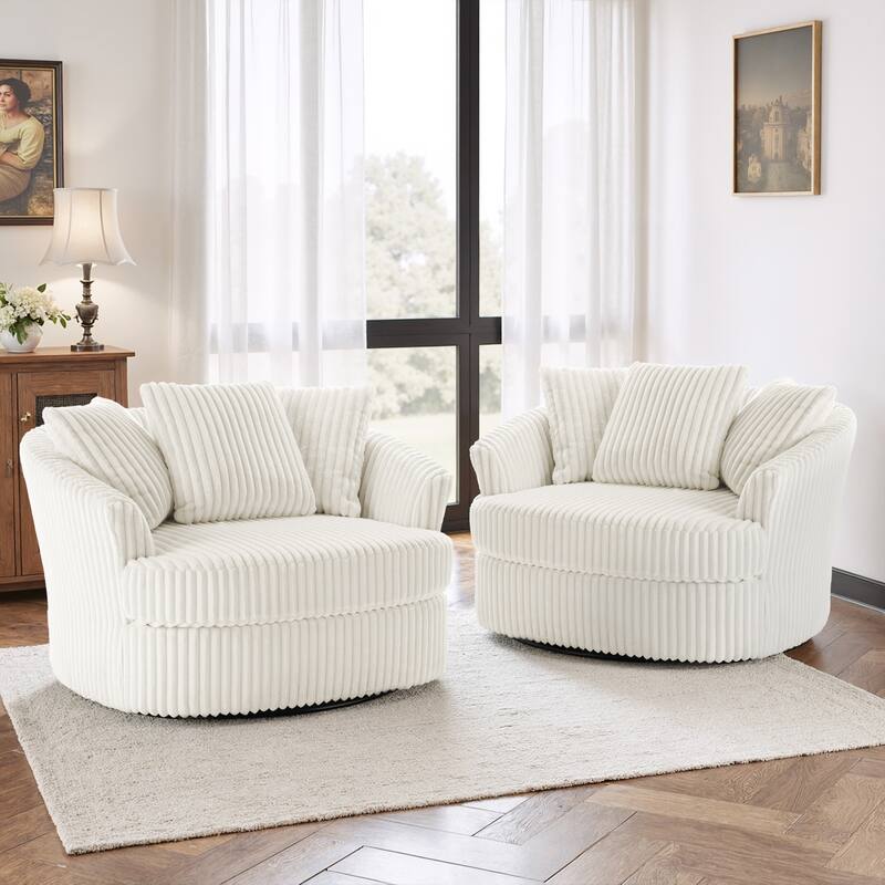 2 Set Oversized 43" W Plush Corduroy Swivel Barrel Chair with Pillows