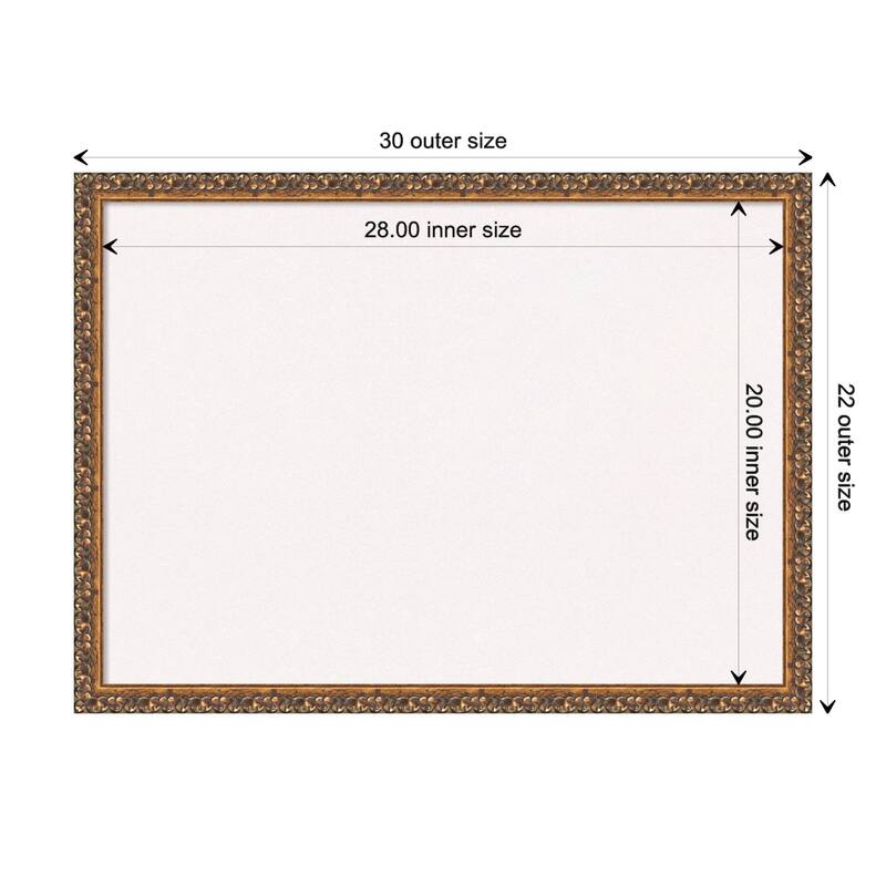 Antique Bronze Wood Framed White Corkboard Bulletin Board - Board Size 28x20