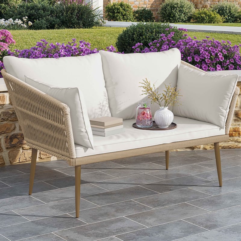 Moasis Outdoor Patio Loveseat, All-Weather Rattan 2 Seater Sofa with Cushions & Lumbar Pillows - Beige
