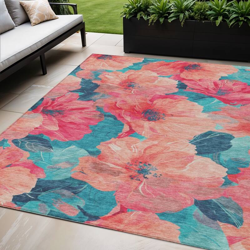 HomeRoots Floral Transitional Rectangle Outdoor Rug - Salmon/Blue - 5' X 8'