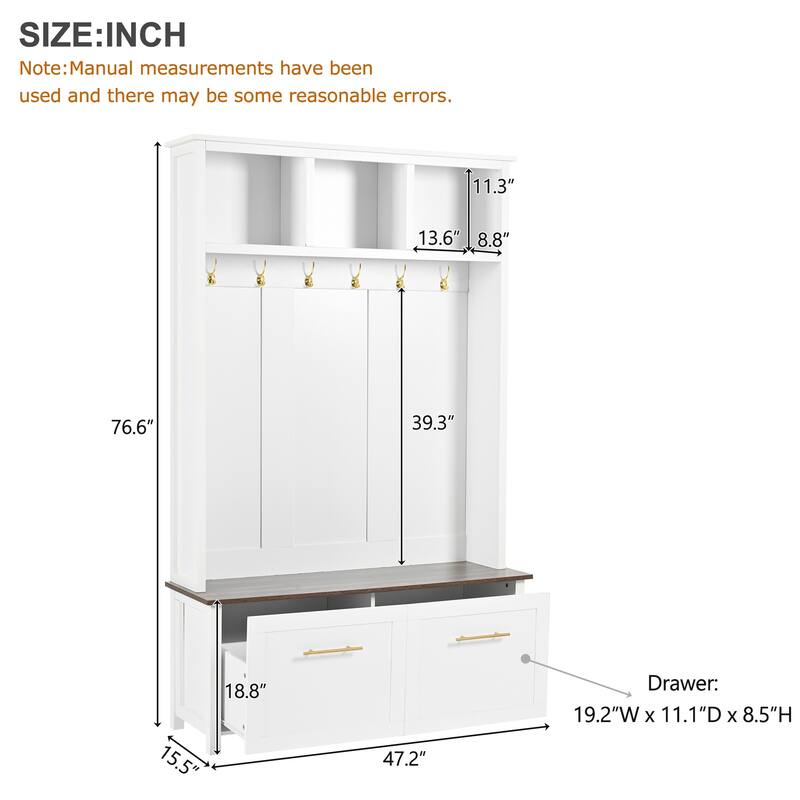 4-in-1 Hall Tree, 6 Gold Hooks, Wood Grain Bench, 2 Drawers, Entryway Organizer, 47.2W x 15.5D x 76.6H
