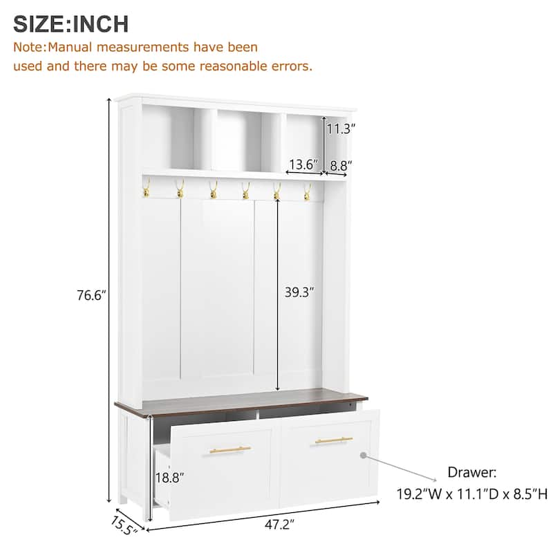 White Hall Tree with Storage Bench, 6 Hooks and 2 Drawers