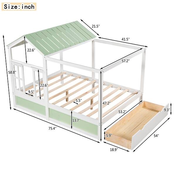 Farmhouse Style Twin Size Bed with Drawer, Roof and Window Design - Solid Wood Slats - Perfect for Kids' Furniture