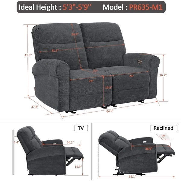 dimension image slide 3 of 16, MCombo 64.6" Wall Hugger Power Loveseat Fabric Recliner Sofa with USB Ports