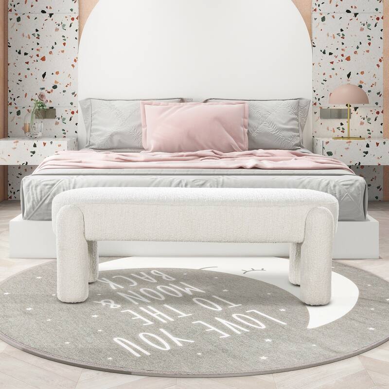Hugo 49" Transitional Boucle Faux Sherpa Fully Upholstered Oval Bench - Milk Cream White Boucle