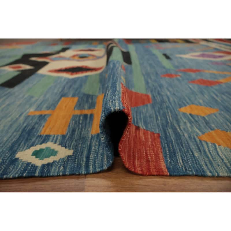 Hand Woven Oriental 100% Wool Carpet Southwestern Tribal Navy Blue & Blues Kilim Area Rug - 14' 10'' X 7' 0''